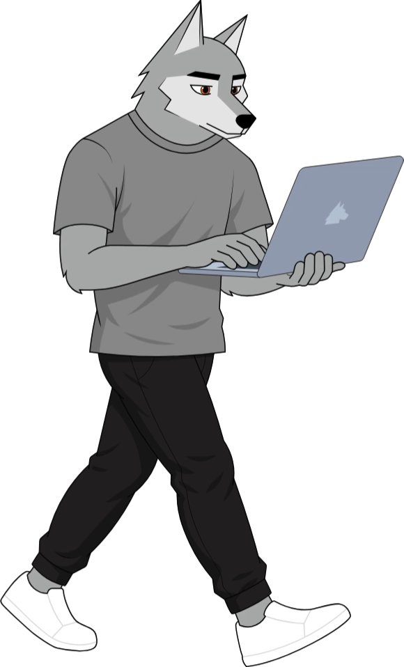 The LazeWolf character walking with a laptop